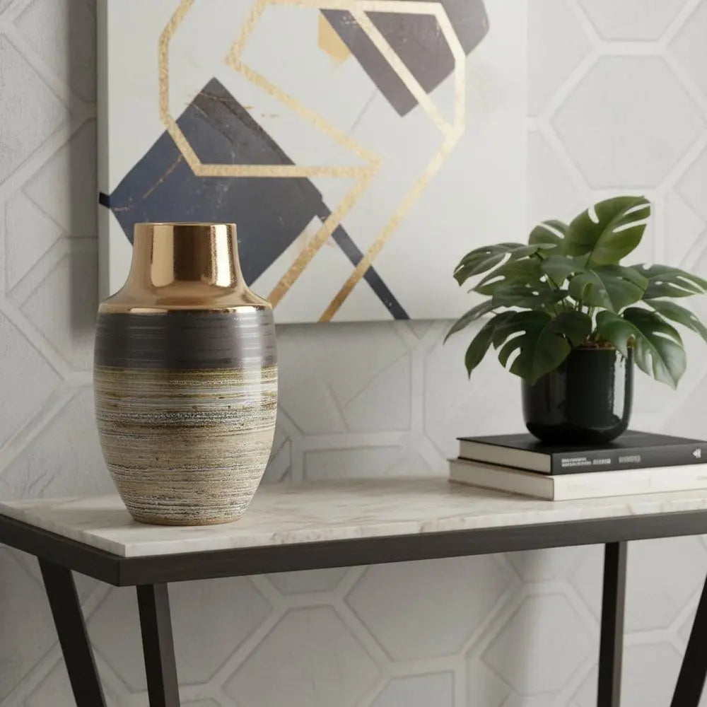 11" Brown and Bronze Striped Round Ceramic Table Vase With Does Not Apply - NOBLE HOME INTERIORS