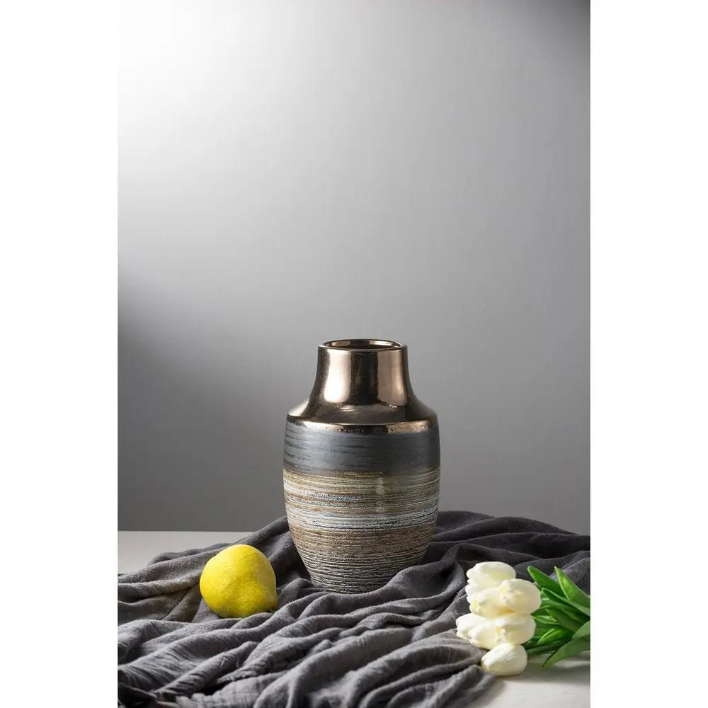 11" Brown and Bronze Striped Round Ceramic Table Vase With Does Not Apply - NOBLE HOME INTERIORS