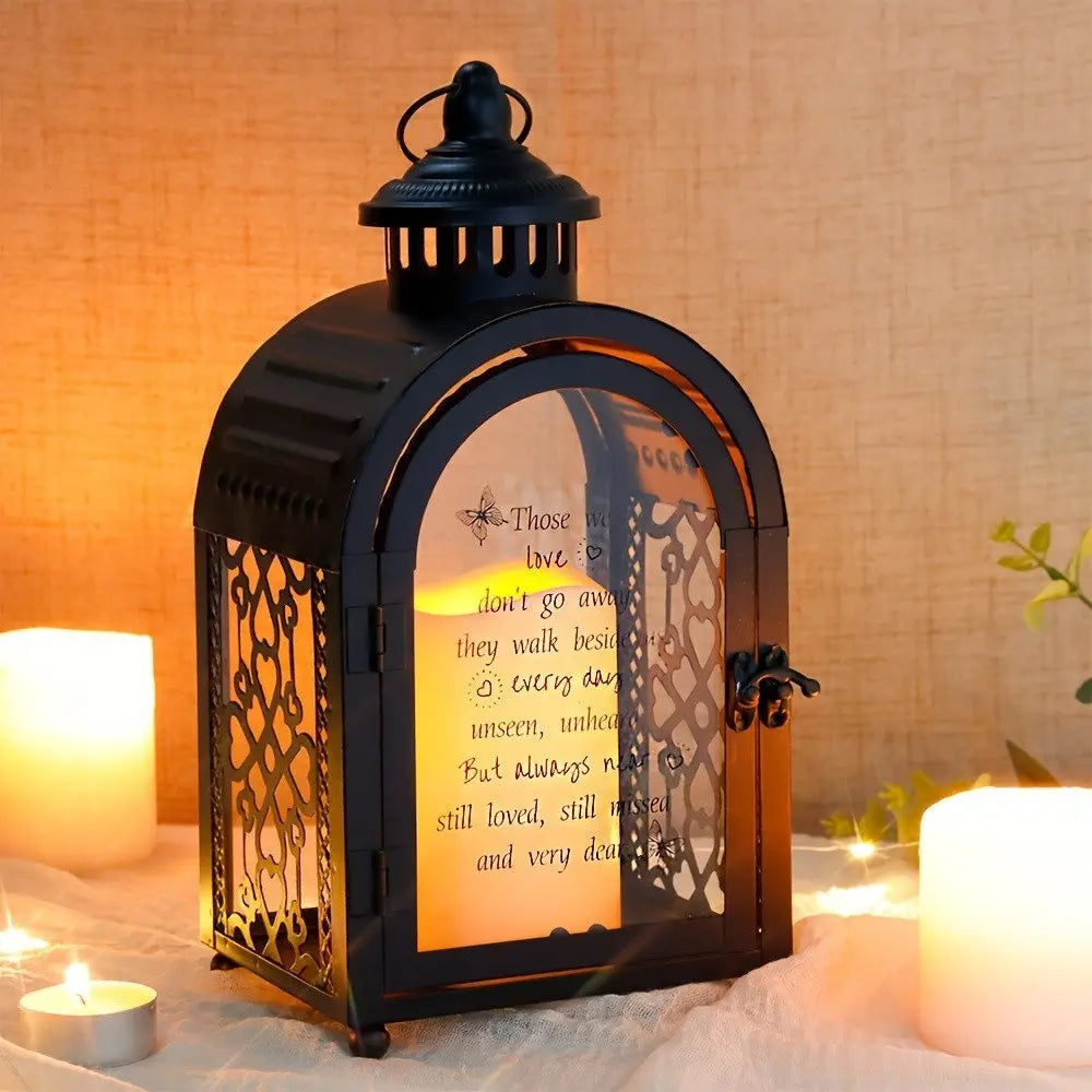 11" Clear And Black Glass And Metal Memorial Remembrance Lantern Candle Holder - NOVA HOME FURNITURE