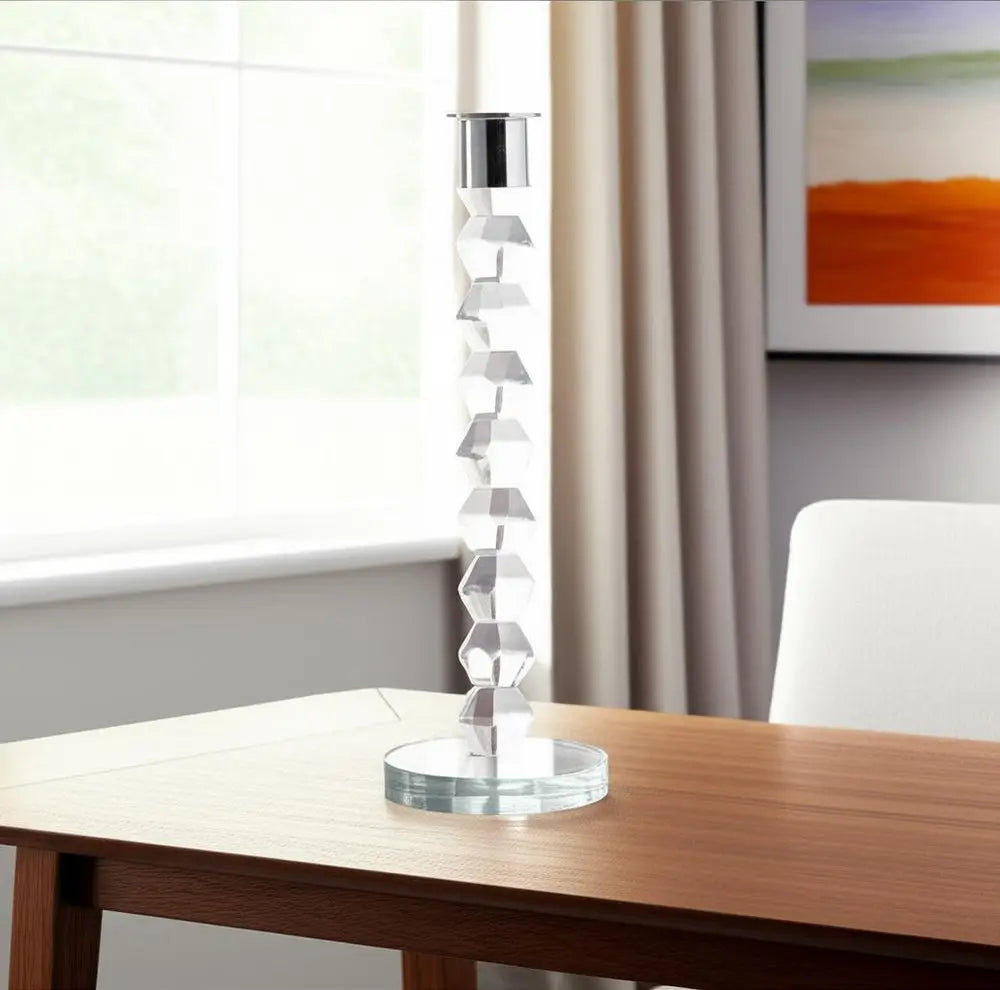11" Clear And Silver Geo Stacks Crystal Tabletop Taper Candlestick - NOBLE HOME INTERIORS