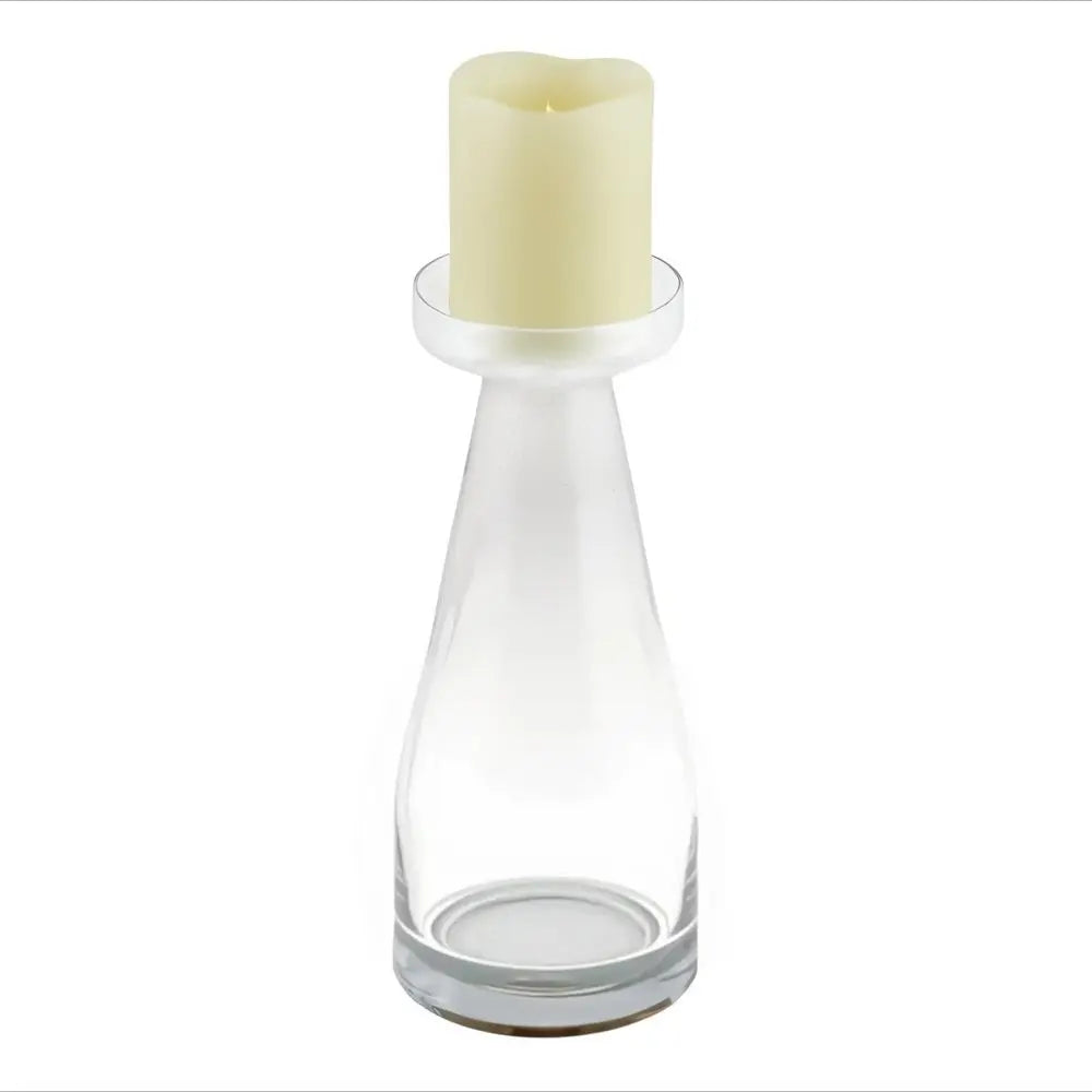 11" Clear Glass Centerpiece Pillar Candle Holder With Candle - NOBLE HOME INTERIORS