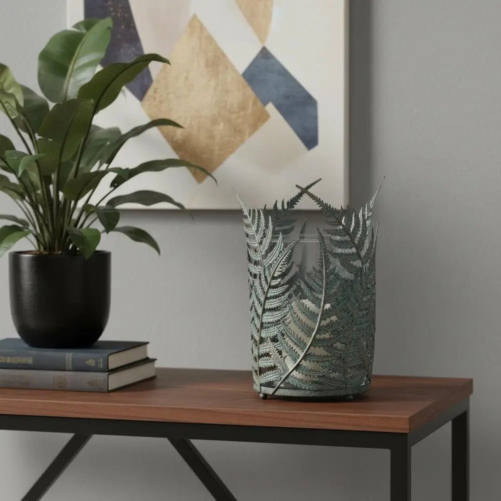 11" Green And Gold Distressed Botanical Leaf Metal Tabletop Hurricane Candle Holder - NOBLE HOME INTERIORS