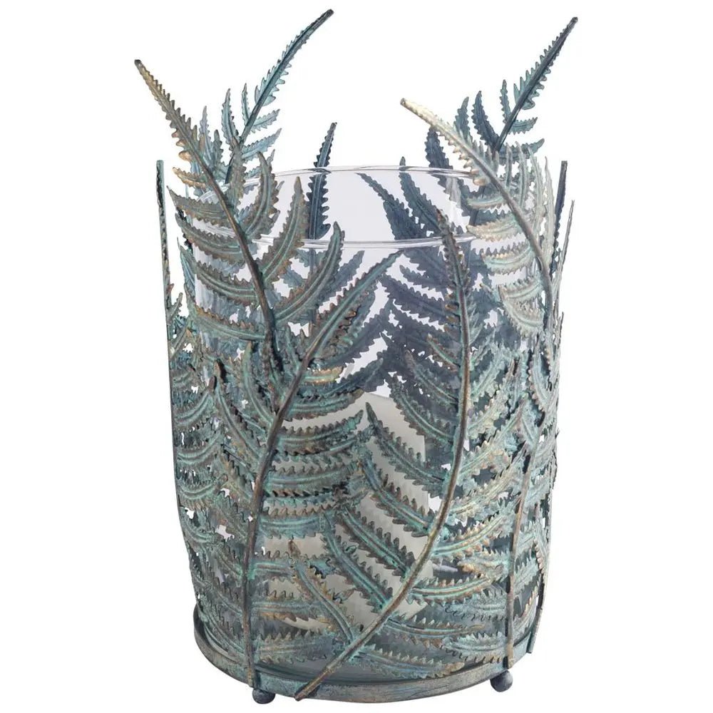 11" Green And Gold Distressed Botanical Leaf Metal Tabletop Hurricane Candle Holder - NOBLE HOME INTERIORS