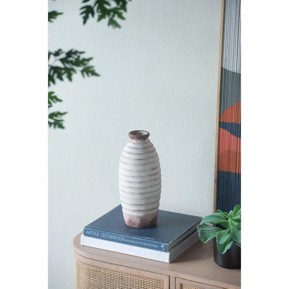 11" Ivory And Brown Round Ceramic Table Vase - NOBLE HOME INTERIORS