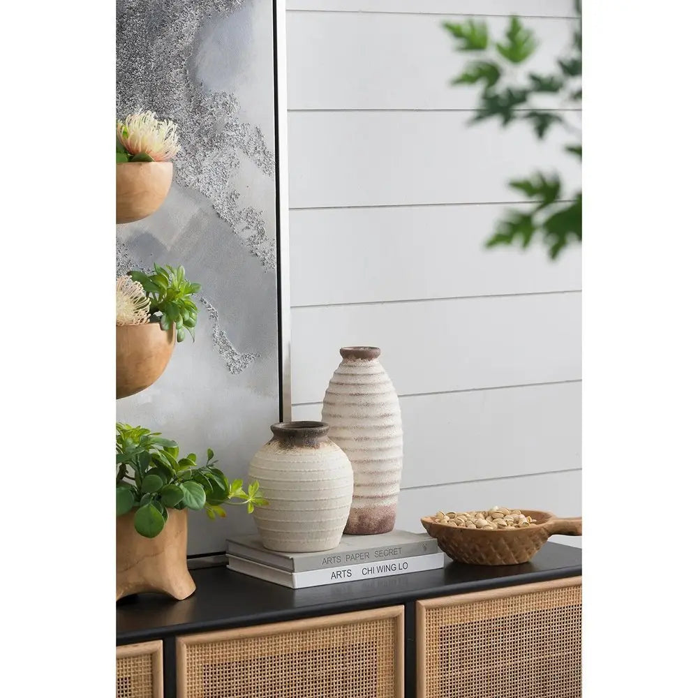 11" Ivory And Brown Round Ceramic Table Vase - NOBLE HOME INTERIORS