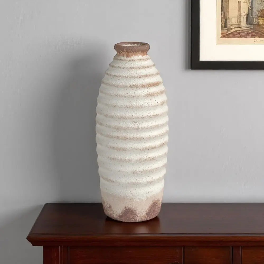 11" Ivory And Brown Round Ceramic Table Vase - NOBLE HOME INTERIORS
