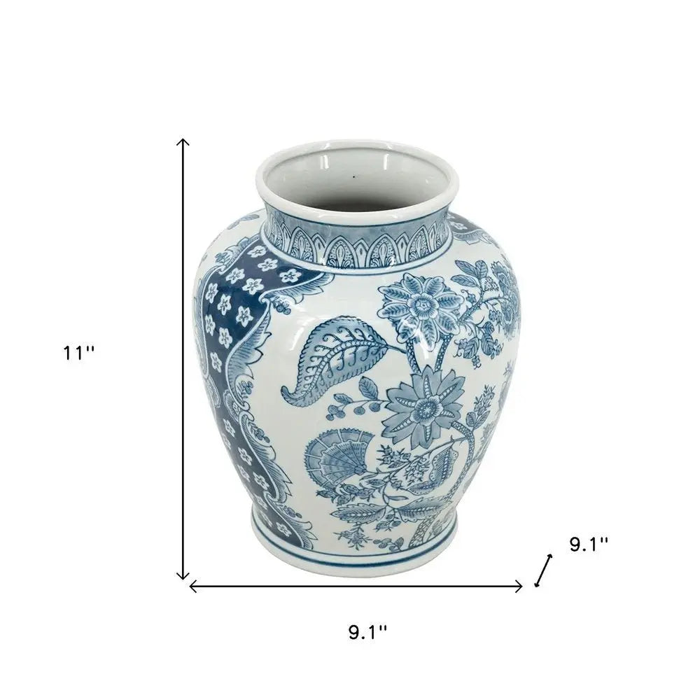 11" Light Blue And White Floral Round Porcelain Jar - NOBLE HOME INTERIORS