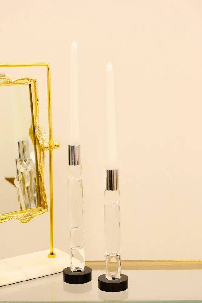 11" Silver Clear And Black Crystal Tabletop Taper Candlestick - NOBLE HOME INTERIORS