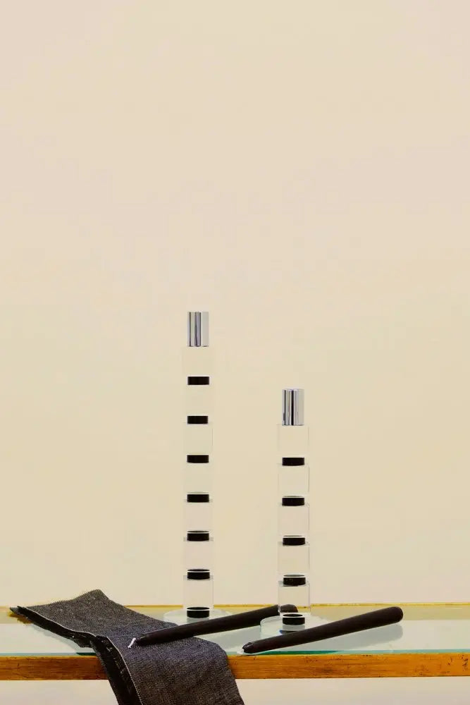 11" Silver Clear And Black Geo Crystal Tabletop Taper Candlestick - NOBLE HOME INTERIORS