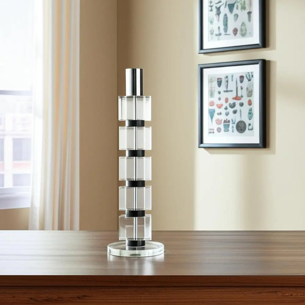 11" Silver Clear And Black Geo Crystal Tabletop Taper Candlestick - NOBLE HOME INTERIORS