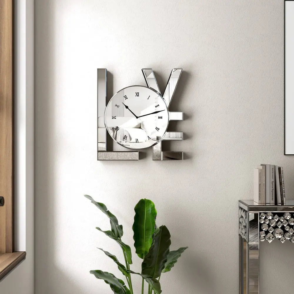 11" Silver Mirrored Glass Love Wall Clock - NOVA HOME FURNITURE