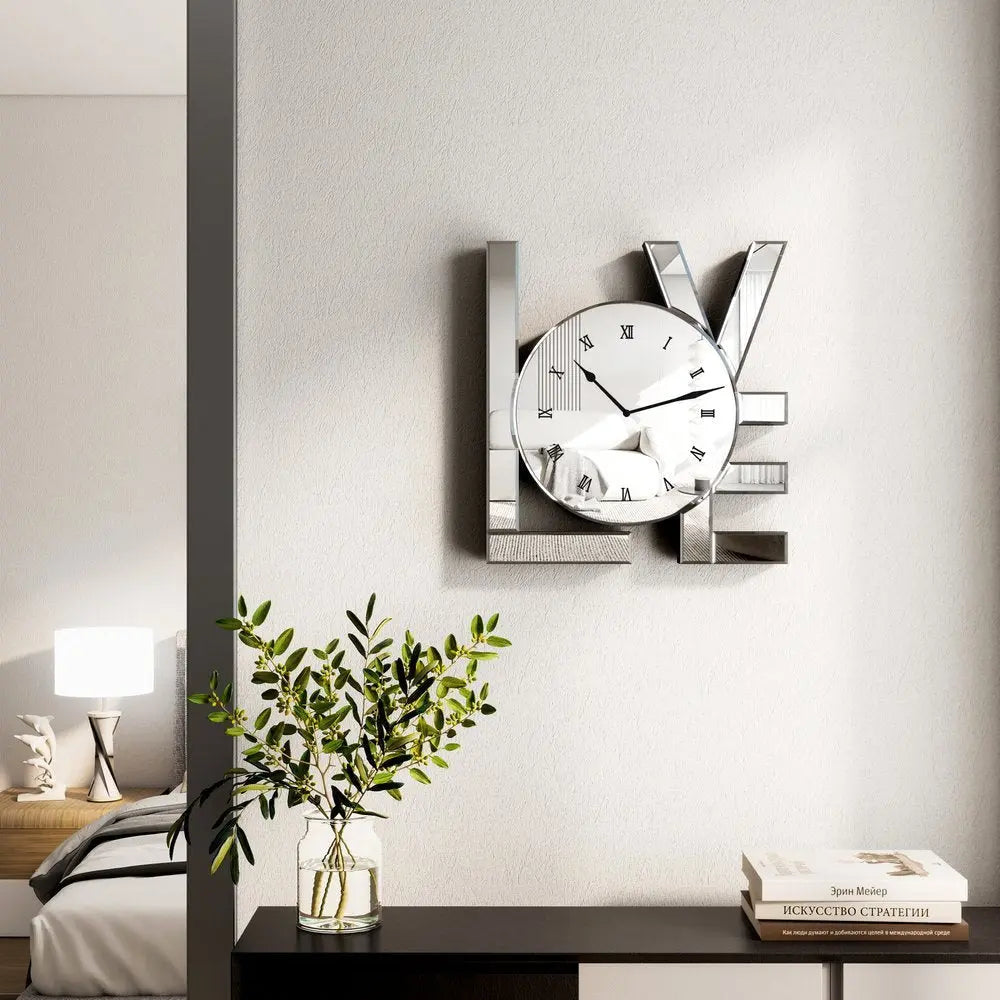 11" Silver Mirrored Glass Love Wall Clock - NOVA HOME FURNITURE