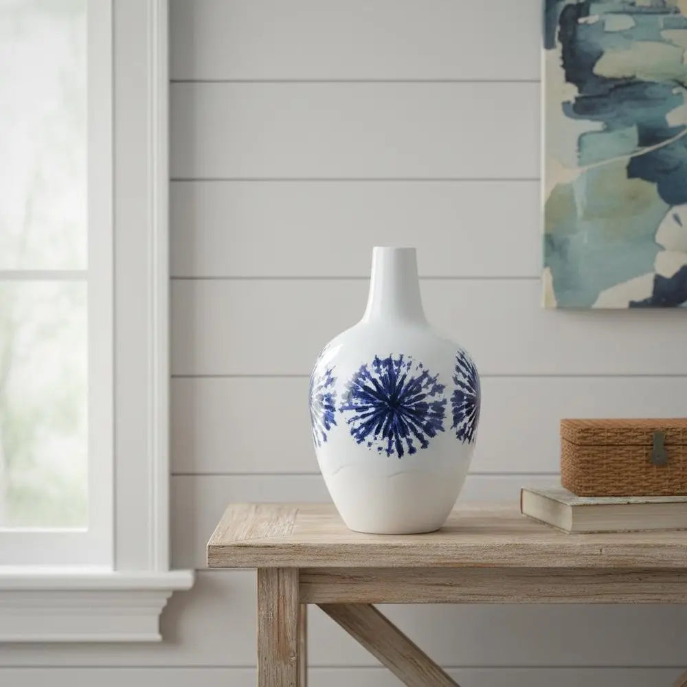 11" White And Blue Round Ceramic Urn - NOBLE HOME INTERIORS