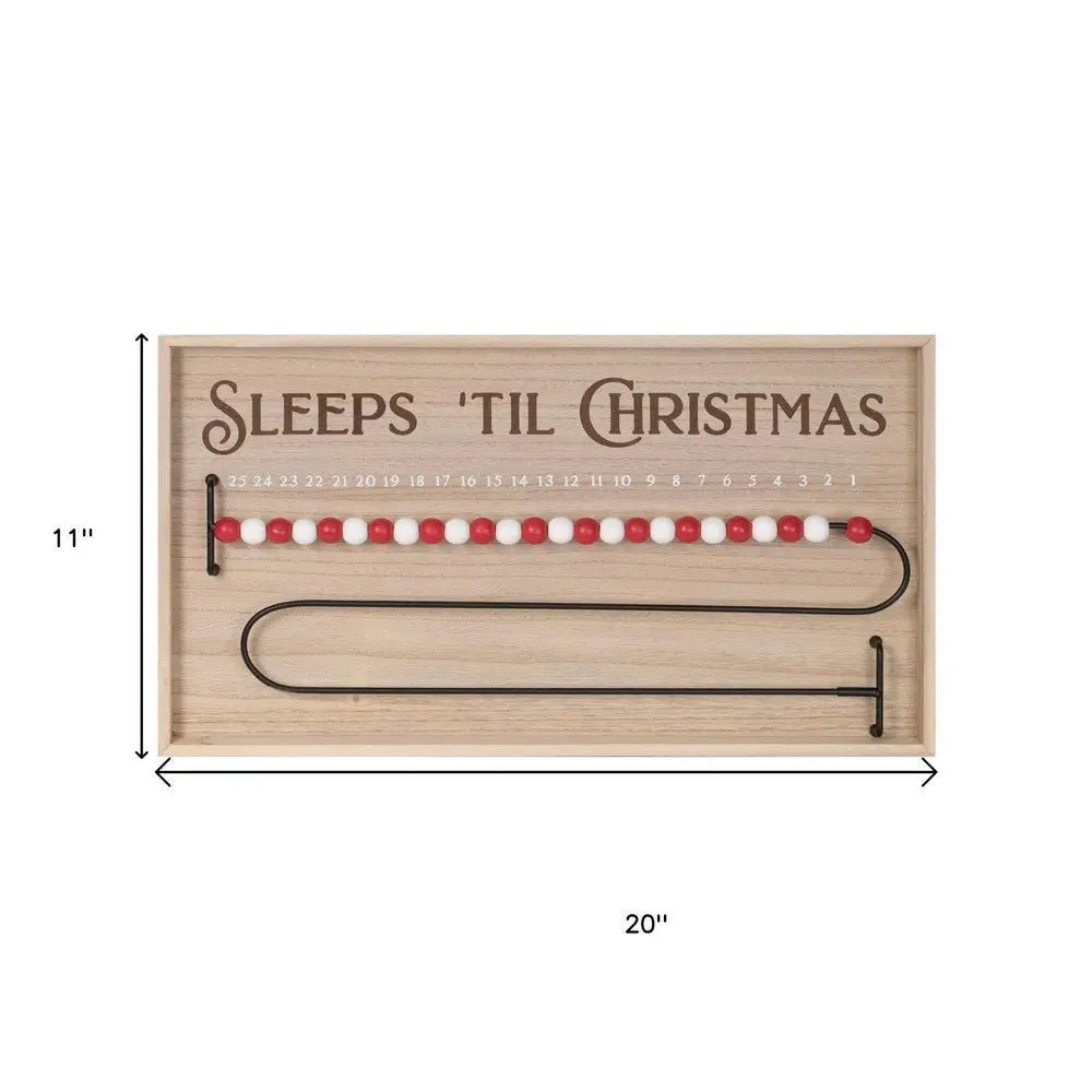 11" X 20" Natural And Red Wood Sleeps 'Til Christmas Advent Calendar Hanging Wall Decor - NOBLE HOME INTERIORS