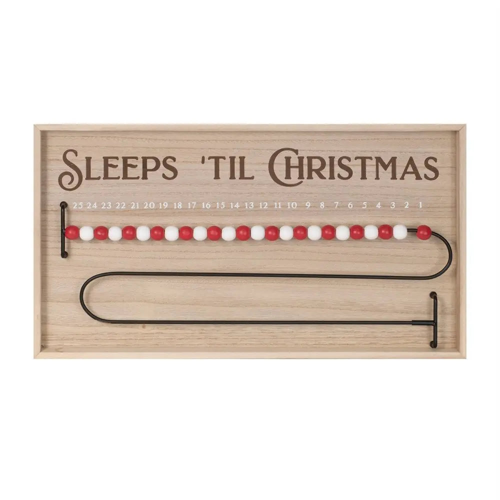 11" X 20" Natural And Red Wood Sleeps 'Til Christmas Advent Calendar Hanging Wall Decor - NOBLE HOME INTERIORS