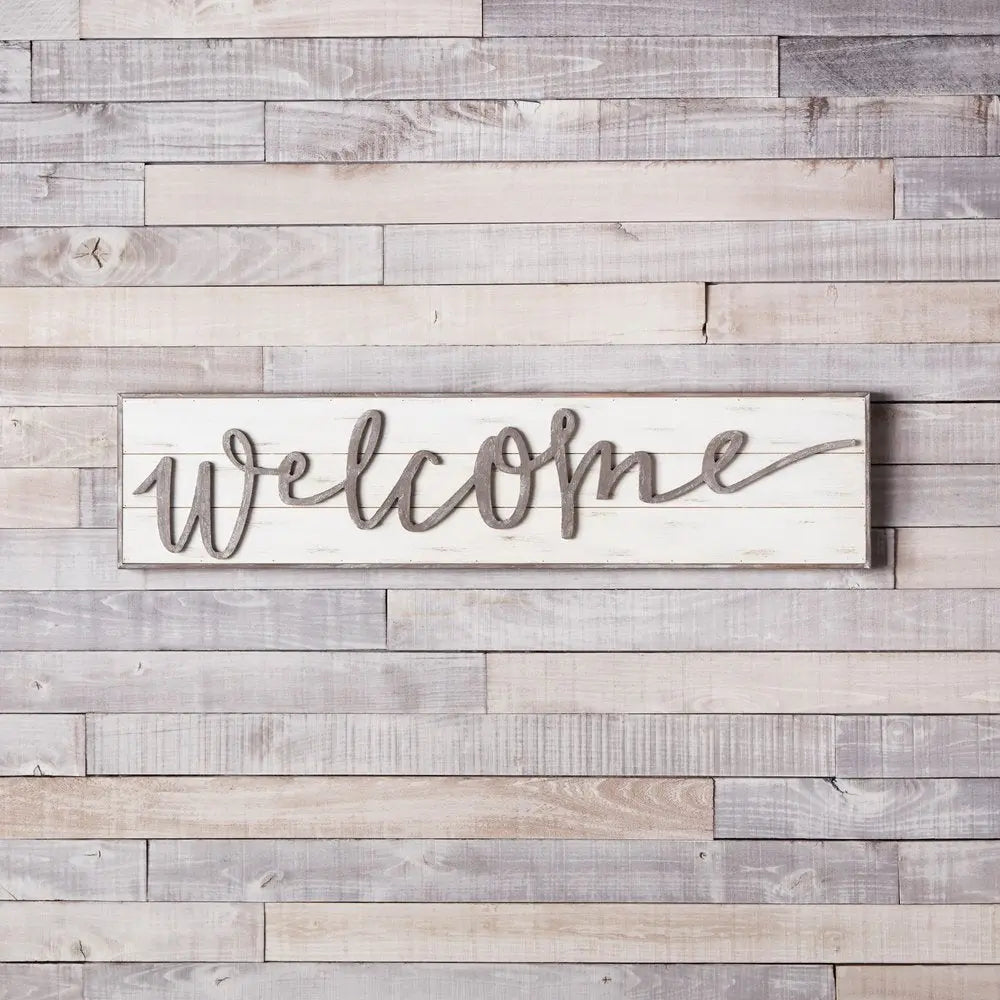 11" X 48" White And Gray Welcome Sign Wood Wall Decor - NOBLE HOME INTERIORS