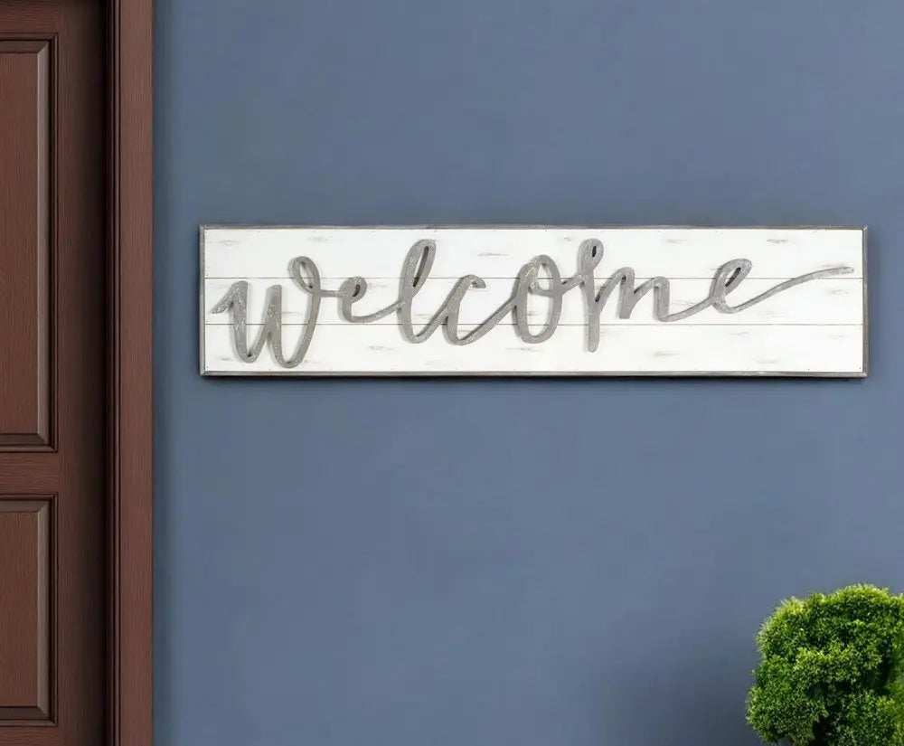 11" X 48" White And Gray Welcome Sign Wood Wall Decor - NOBLE HOME INTERIORS