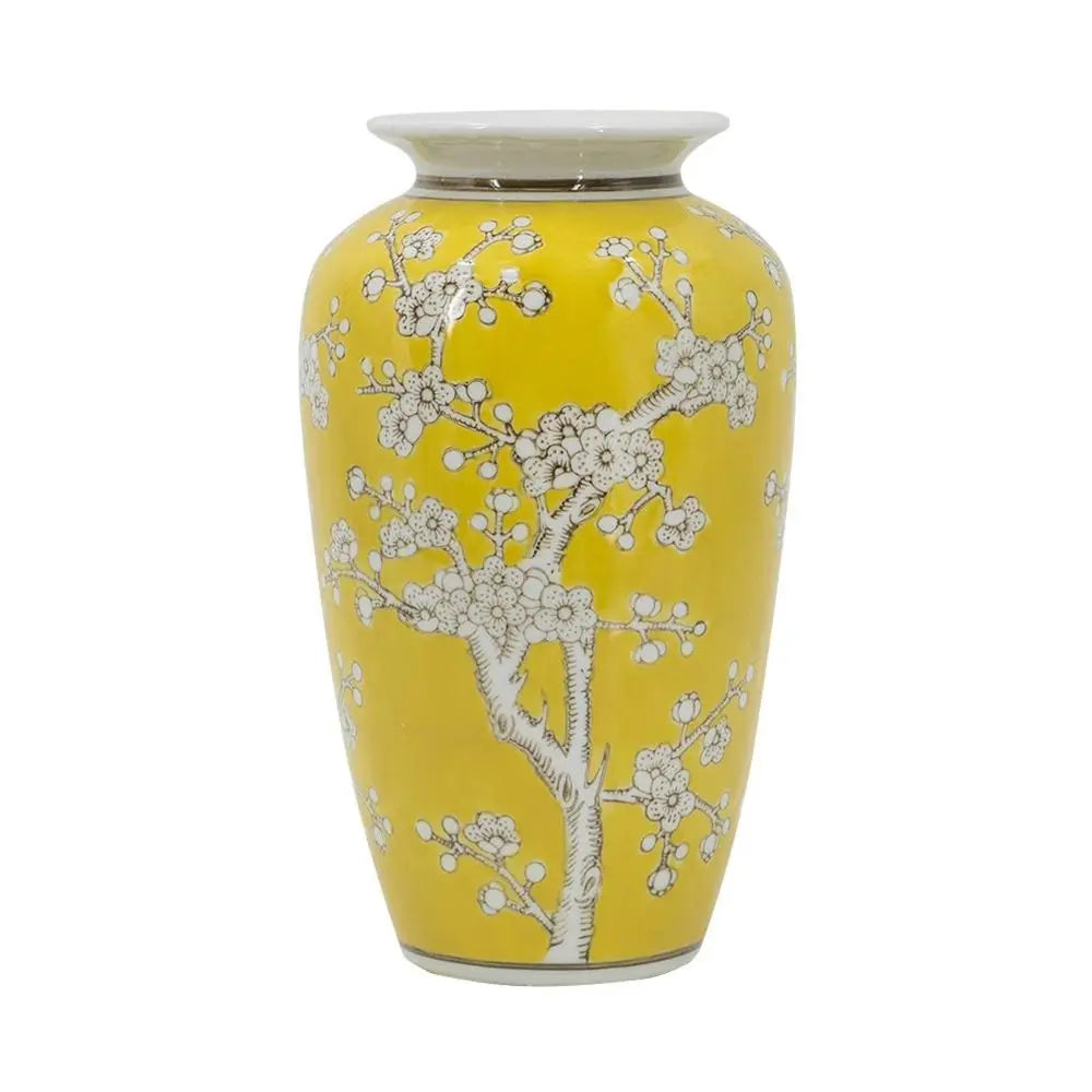 11" Yellow and White Porcelain Floral Round Table Vase - NOBLE HOME INTERIORS