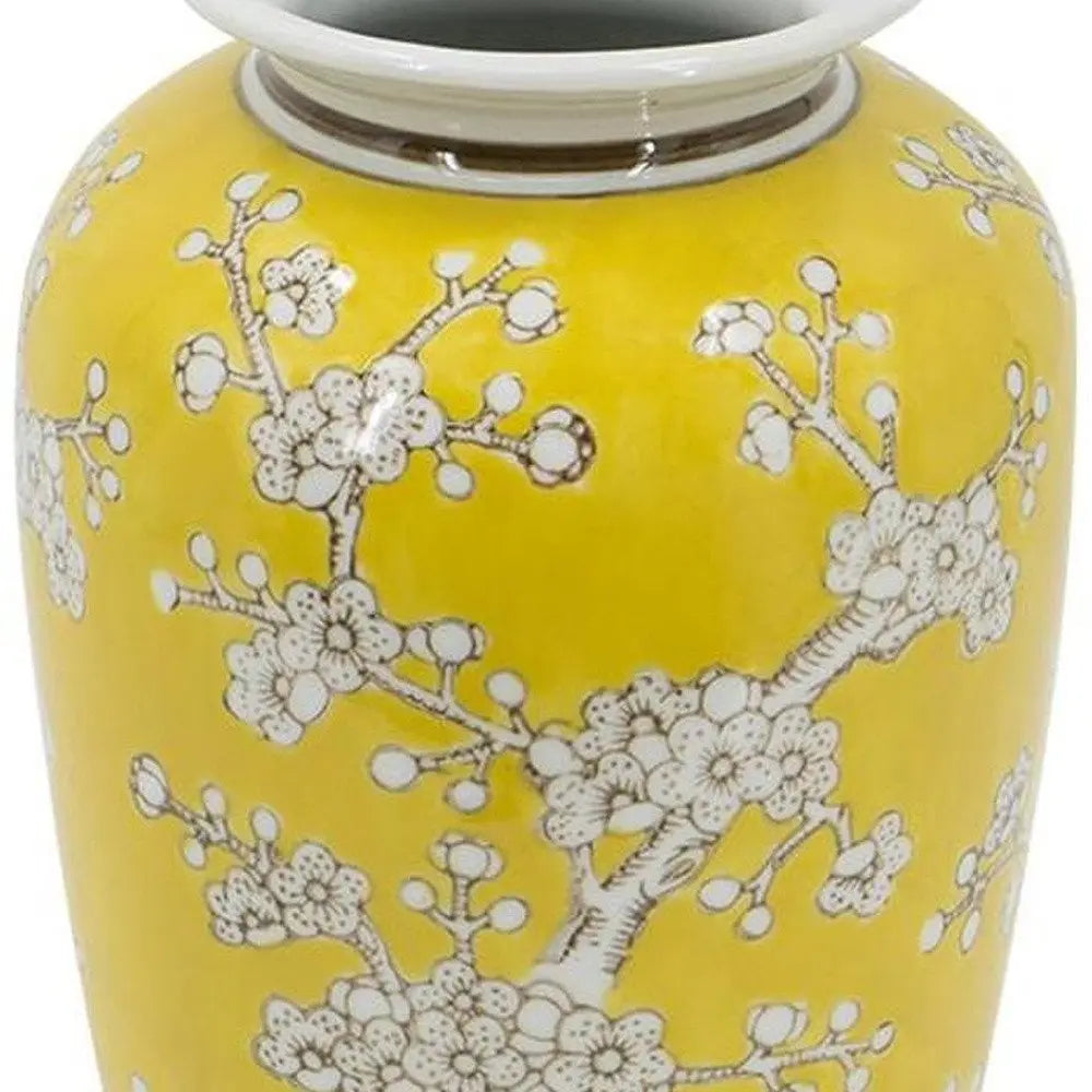 11" Yellow and White Porcelain Floral Round Table Vase - NOBLE HOME INTERIORS