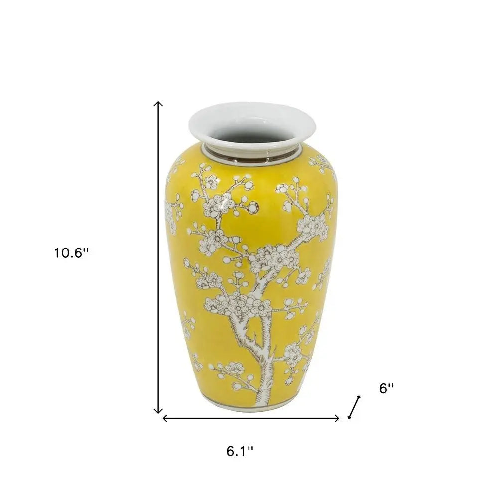 11" Yellow and White Porcelain Floral Round Table Vase - NOBLE HOME INTERIORS
