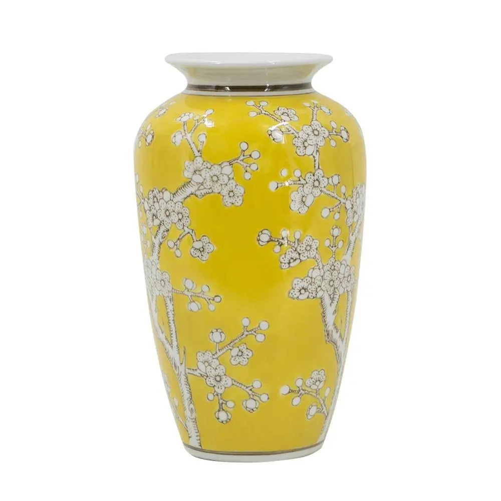 11" Yellow and White Porcelain Floral Round Table Vase - NOBLE HOME INTERIORS