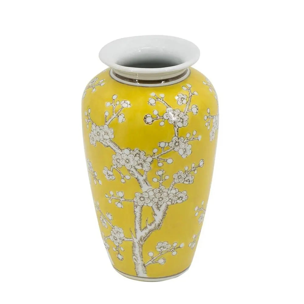 11" Yellow and White Porcelain Floral Round Table Vase - NOBLE HOME INTERIORS