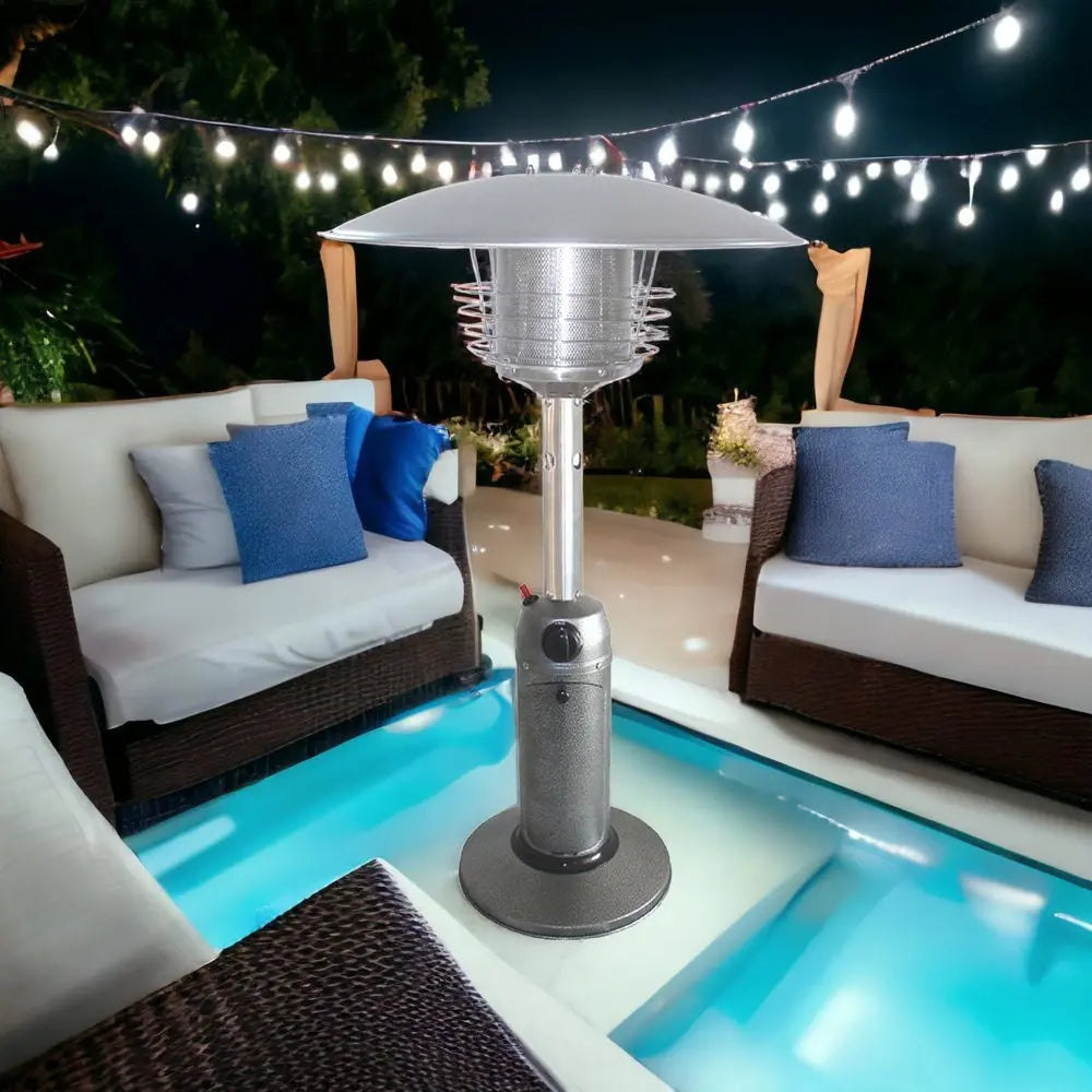 11000 BTU Silver Steel Propane Cylindrical Pole Tabletop Patio Heater - NOBLE HOME INTERIORS