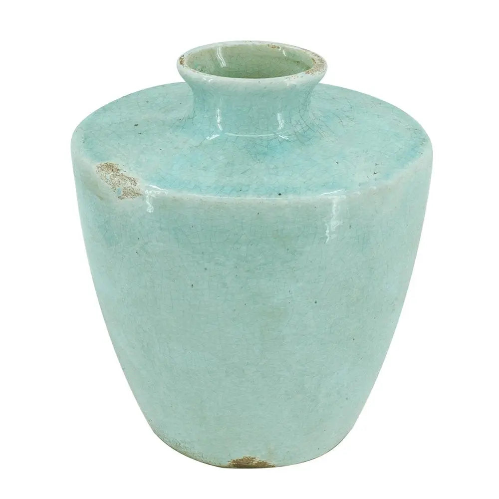 12" Aqua Terracotta Crackle Glaze Round Table Vase - NOBLE HOME INTERIORS