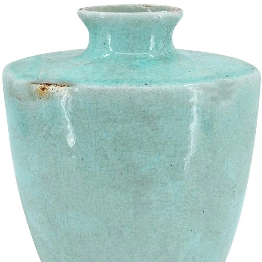 12" Aqua Terracotta Crackle Glaze Round Table Vase - NOBLE HOME INTERIORS