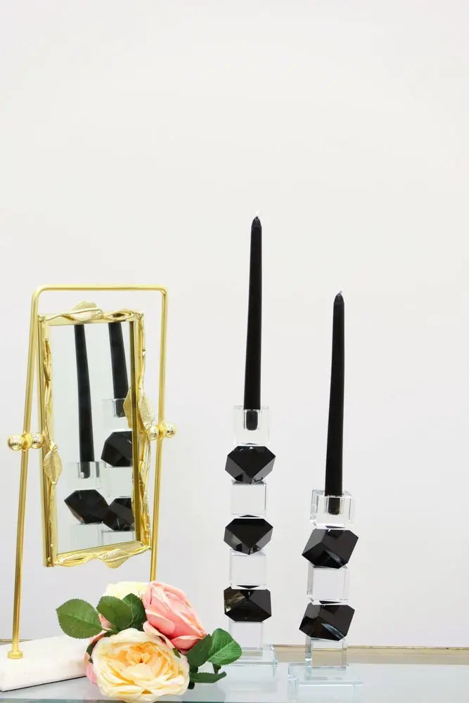 12" Black And Clear Crystal Tabletop Taper Candlestick - NOBLE HOME INTERIORS
