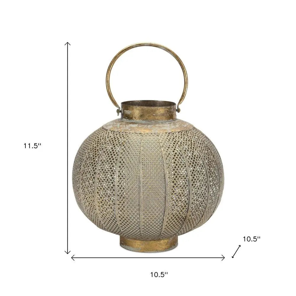 12" Bronze And Green Distressed Lattice Metal Tabletop Lantern Candle Holder - NOBLE HOME INTERIORS