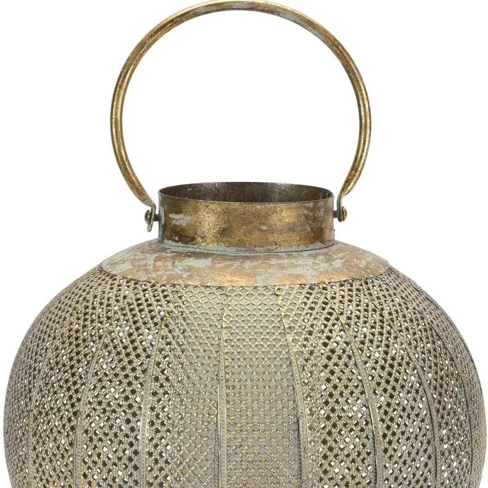 12" Bronze And Green Distressed Lattice Metal Tabletop Lantern Candle Holder - NOBLE HOME INTERIORS