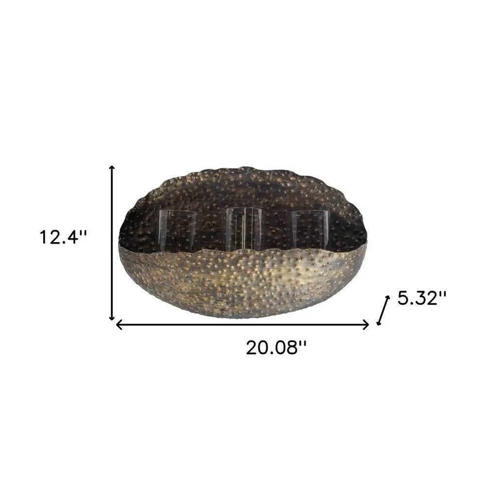 12" Bronze Distressed Hammered Glass And Metal Hurricane Candle Holder - NOBLE HOME INTERIORS