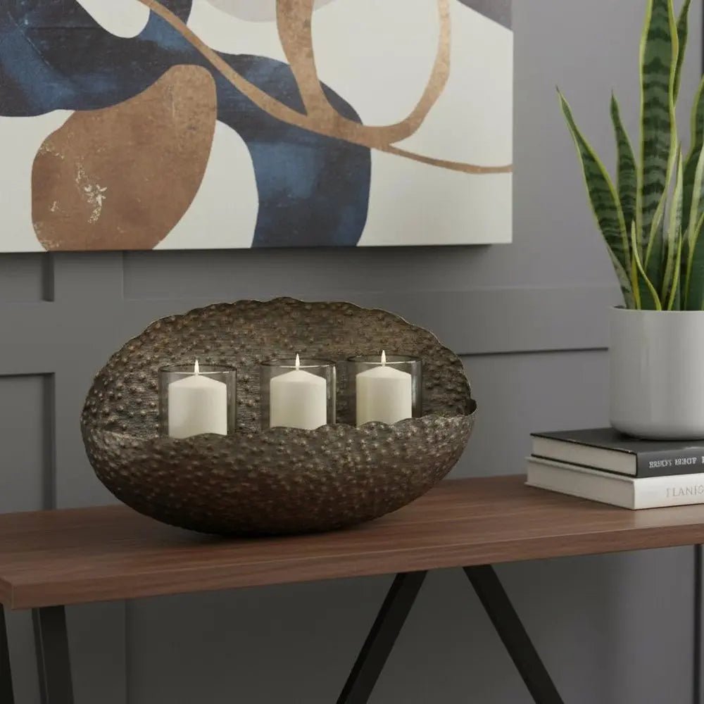 12" Bronze Distressed Hammered Glass And Metal Hurricane Candle Holder - NOBLE HOME INTERIORS