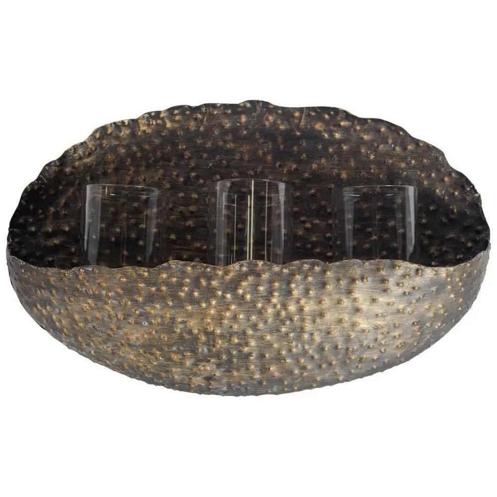 12" Bronze Distressed Hammered Glass And Metal Hurricane Candle Holder - NOBLE HOME INTERIORS