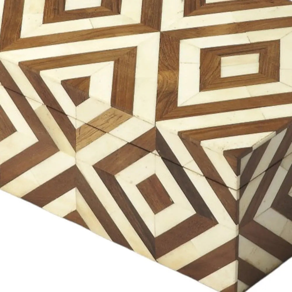 12" Brown And Ivory Bone Inlay And Solid Wood Box With Lid - NOBLE HOME INTERIORS