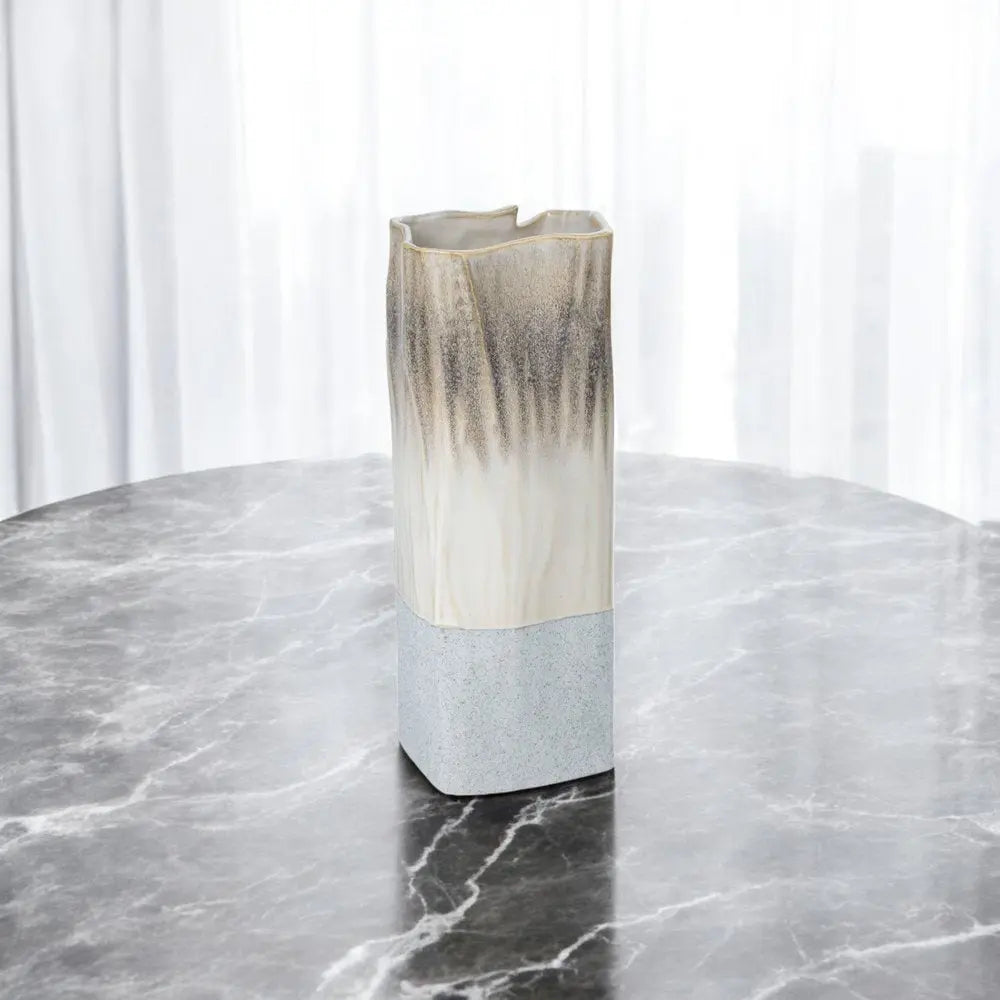 12" Brown Light Blue And Off White Color Block Square Ceramic Table Vase - NOBLE HOME INTERIORS