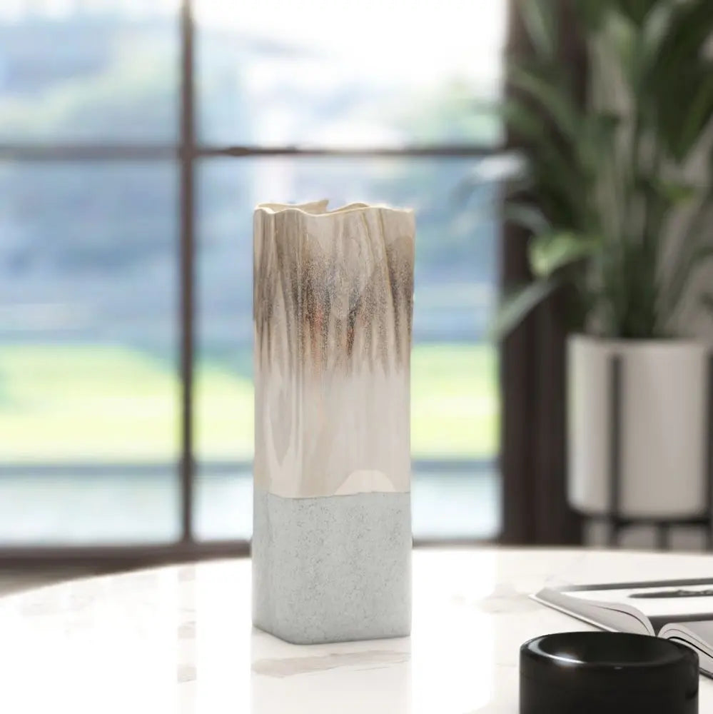 12" Brown Light Blue And Off White Color Block Square Ceramic Table Vase - NOBLE HOME INTERIORS