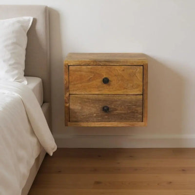 12" Brown Solid Wood Two Drawer Floating Nightstand - NOBLE HOME INTERIORS