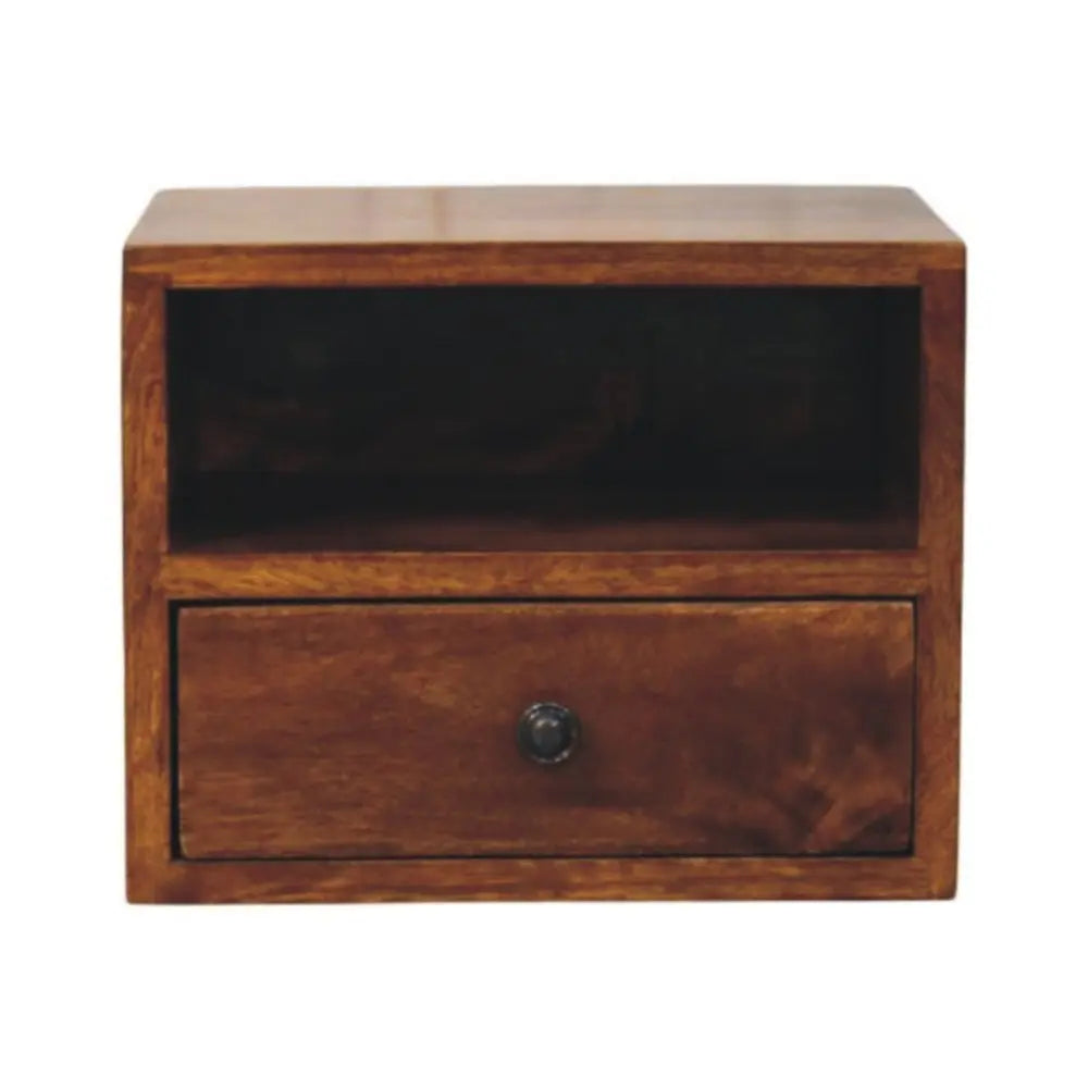 12" Chestnut Solid Wood Square One Drawer Floating Nightstand - NOBLE HOME INTERIORS