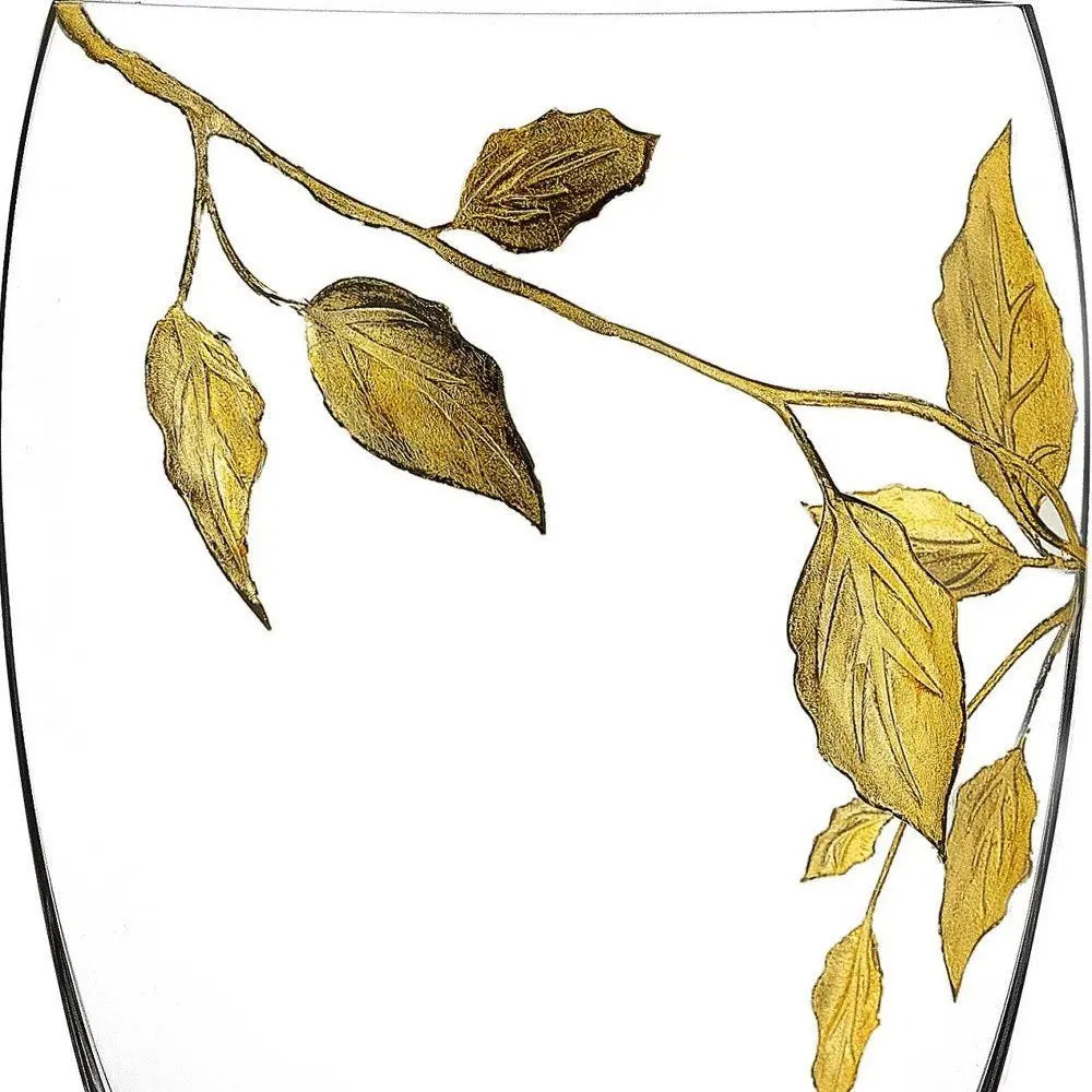 12" Clear And Gold Leaves Oval Crystal Glass Table Vase - NOBLE HOME INTERIORS