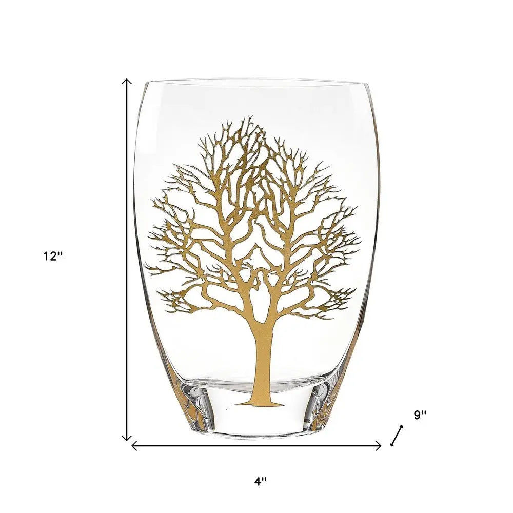 12" Clear And White Tree Of Life Oval Lead Free Crystal Table Vase - NOBLE HOME INTERIORS