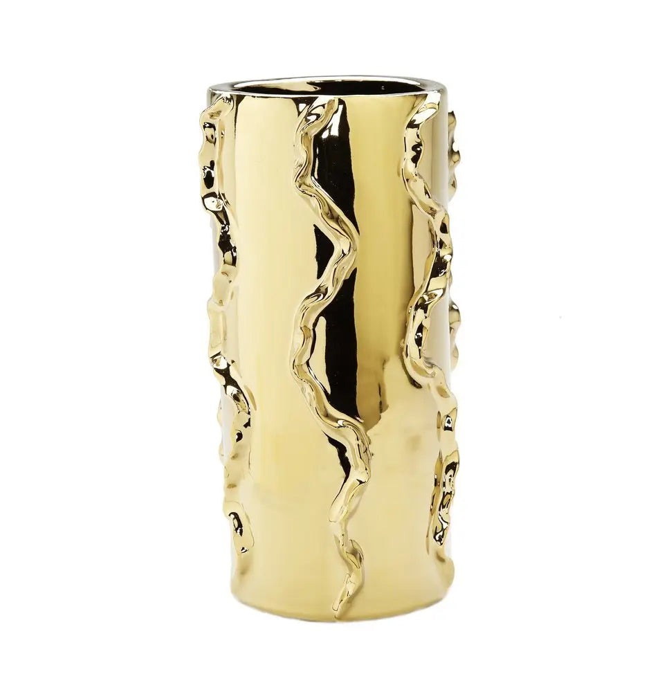 12" Gold Cylinder Ceramic Table Vase With Sculptural Details - NOBLE HOME INTERIORS