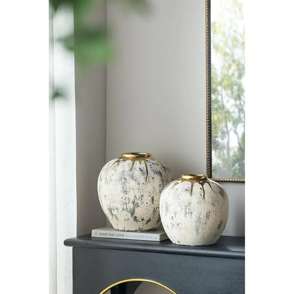 12" Gray Ivory And Gold Modern Abstract Ceramic Table Vase - NOBLE HOME INTERIORS