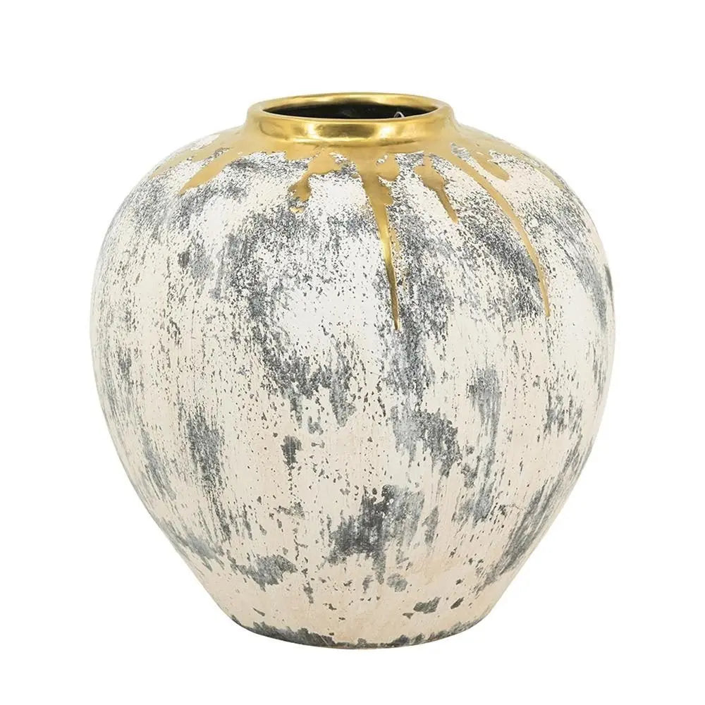 12" Gray Ivory And Gold Modern Abstract Ceramic Table Vase - NOBLE HOME INTERIORS