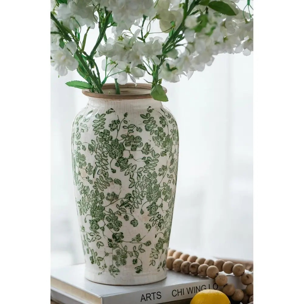 12" Green and White Leaf Round Ceramic Table Vase With Does Not Apply - NOBLE HOME INTERIORS
