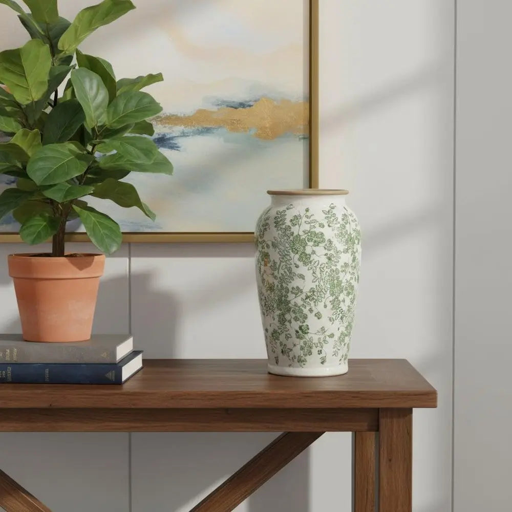 12" Green and White Leaf Round Ceramic Table Vase With Does Not Apply - NOBLE HOME INTERIORS