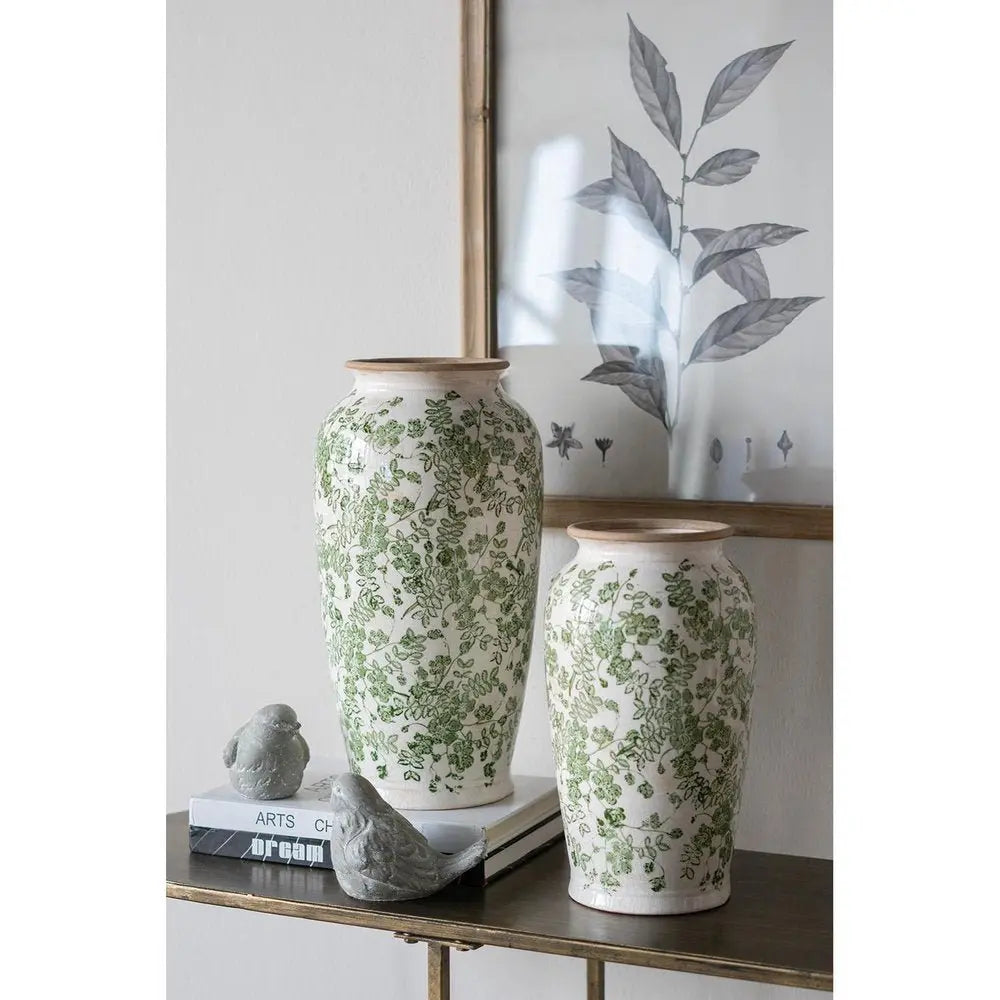 12" Green and White Leaf Round Ceramic Table Vase With Does Not Apply - NOBLE HOME INTERIORS