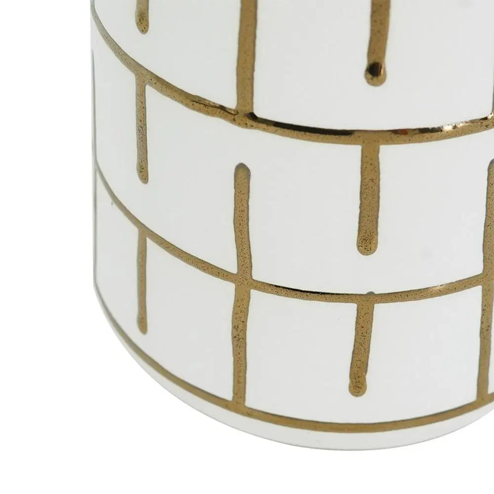 12" Ivory And Gold Geometric Cylindrical Ceramic Table Vase - NOBLE HOME INTERIORS