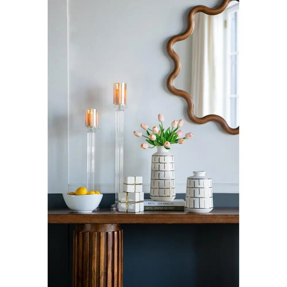 12" Ivory And Gold Geometric Cylindrical Ceramic Table Vase - NOBLE HOME INTERIORS